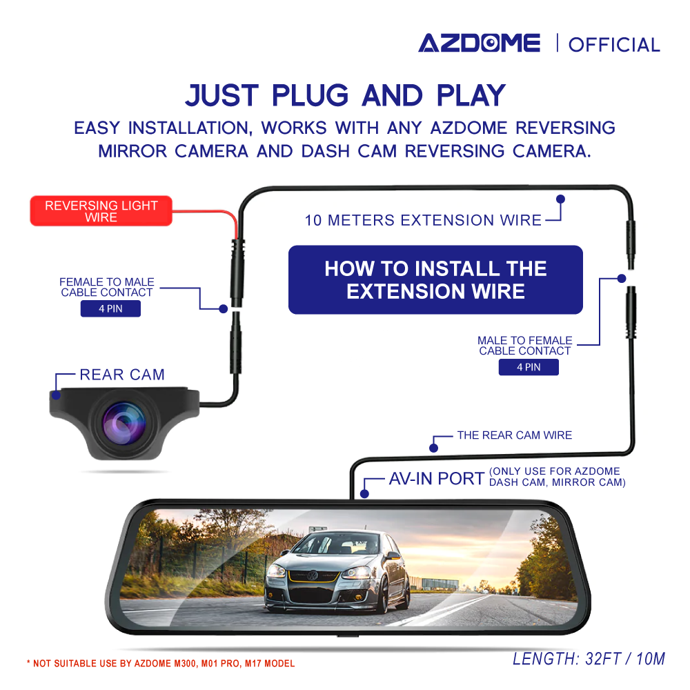 AZDOME 10 Meters Extension Rear Cam Cable