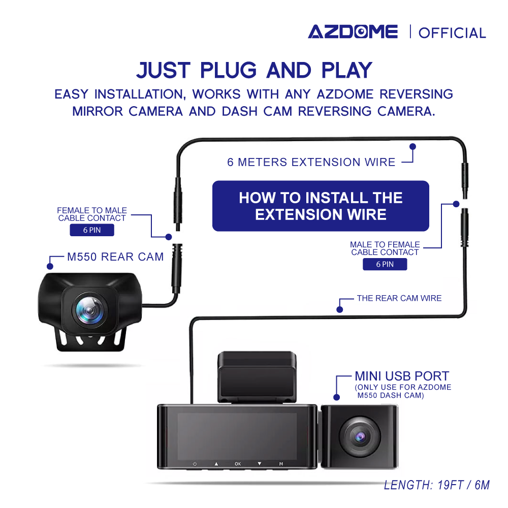 AZDOME 6 Meters Extension Rear Cam Cable