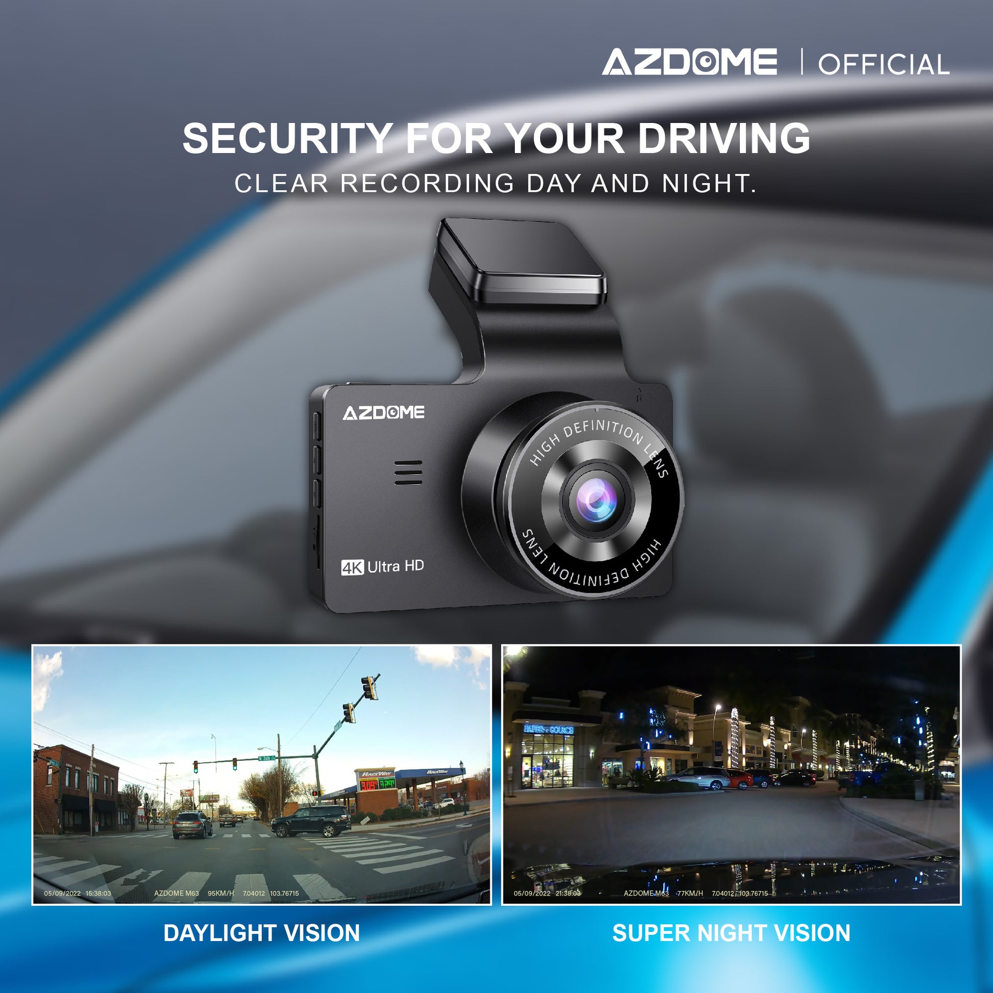 AZDOME M63 Lite 4K Dash Cam Front, 2160P Car Camera with Night Vision WDR,  3 Inch IPS Screen Dash Camera Built-in WiFi, G Sensor Loop Recording 24H